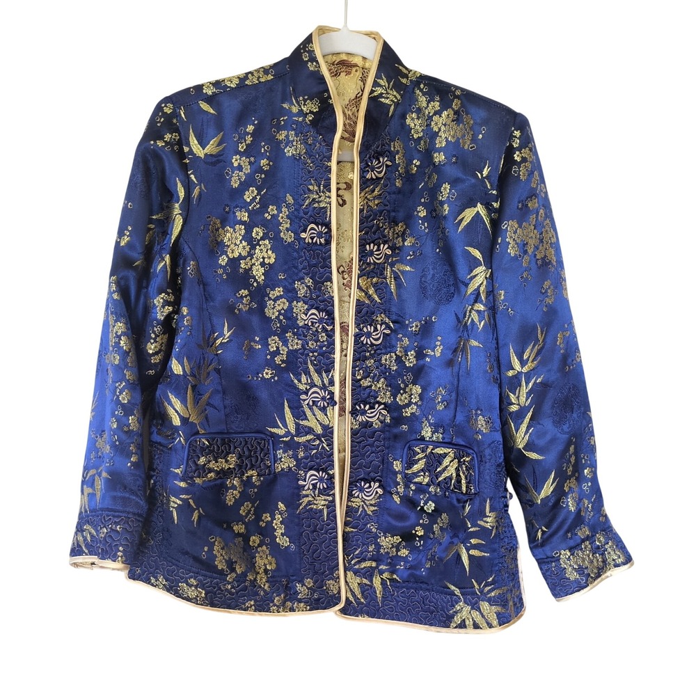 VTG Reversible Chinese Brocade Jacket Dragon Phoenix Frog Closure L 80s 90s Tang